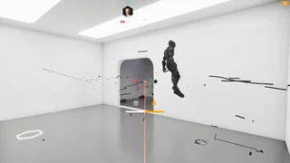 An armored drone in flight near a doorway